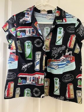 Retro Gas Station Print Button-Up Shirt - Black Base